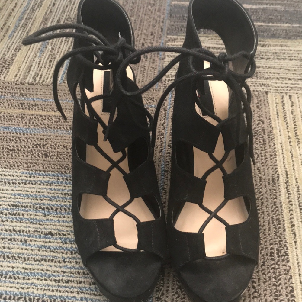 Black, open toe, lace up heels